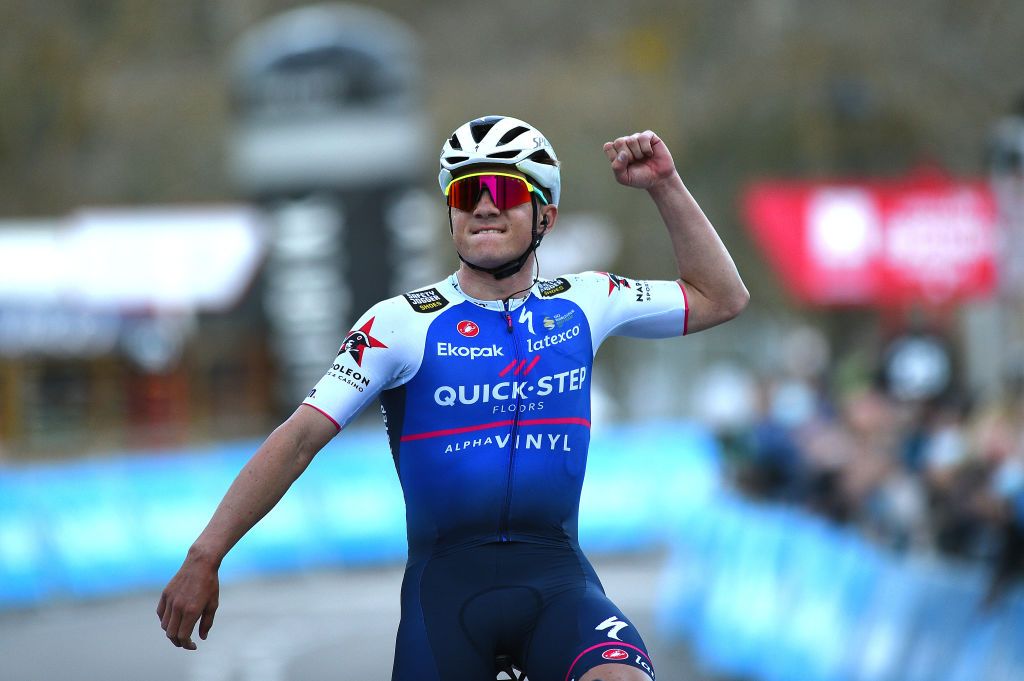 TORRALBA DEL PINAR SPAIN FEBRUARY 02 Remco Evenepoel of Belgium and Team QuickStep Alpha Vinyl celebrates at finish line as stage winner during the 73rd Volta A La Comunitat Valenciana 2022 Stage 1 a 1667km stage from Les Alqueries to Torralba Del Pinar 735m VCV2022 on February 02 2022 in Torralba Del Pinar Spain Photo by Dario BelingheriGetty Images