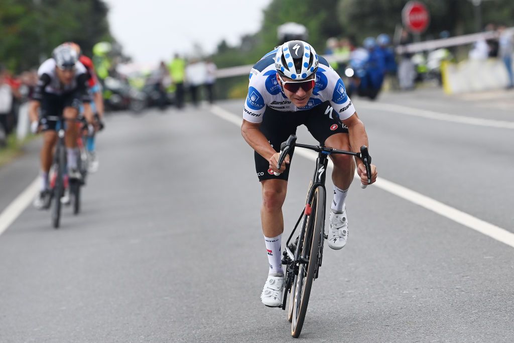 GUADARRAMA SPAIN SEPTEMBER 16 Remco Evenepoel of Belgium and Team Soudal Quick Step Polka dot Mountain Jersey attacks during the 78th Tour of Spain 2023 Stage 20 a 2078km stage from Manzanares El Real to Guadarrama UCIWT on September 16 2023 in Guadarrama Spain Photo by Tim de WaeleGetty Images