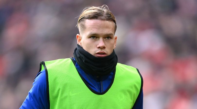 Chelsea&#039;s Mykhailo Mudryk warms up during the Premier League game against Liverpool at Anfield.