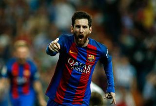 Lionel Messi celebrates a late winner for Barcelona against Real Madrid in April 2017.