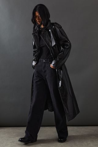 Croc Faux Leather Belted Trench Coat