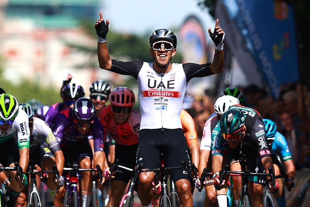 BURGOS SPAIN AUGUST 15 A general view of Juan Sebastian Molano Benavides of Colombia and UAE Team Emirates celebrates at finish line as stage winner during the 45th Vuelta a Burgos 2023 Stage 1 a 161km stage from Villalba de Duero to Burgos on August 15 2023 in Burgos Spain Photo by Gonzalo Arroyo MorenoGetty Images