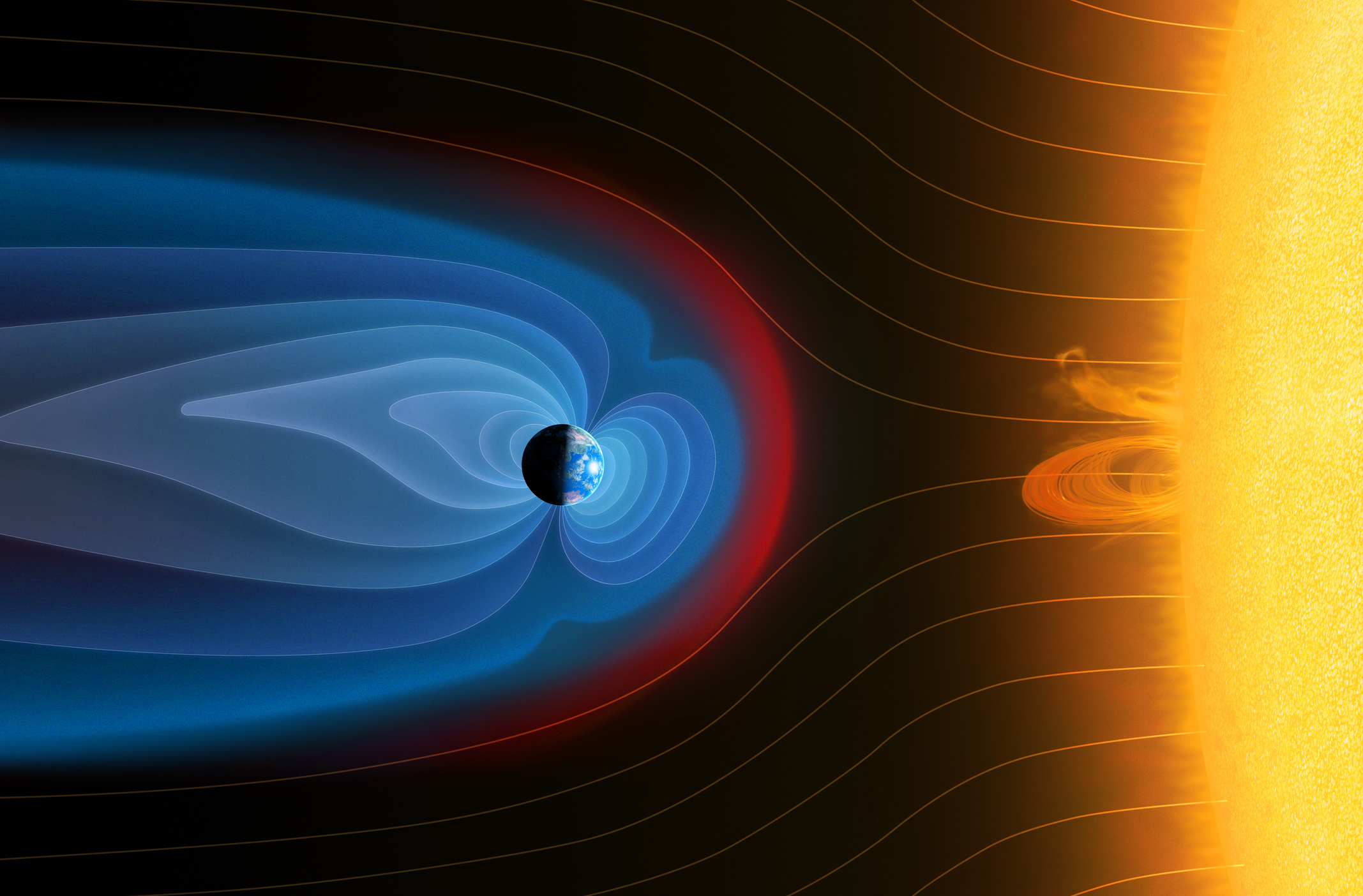 wavy blue lines surround earth, repelling red lines that represent solar wind streaming from the sun