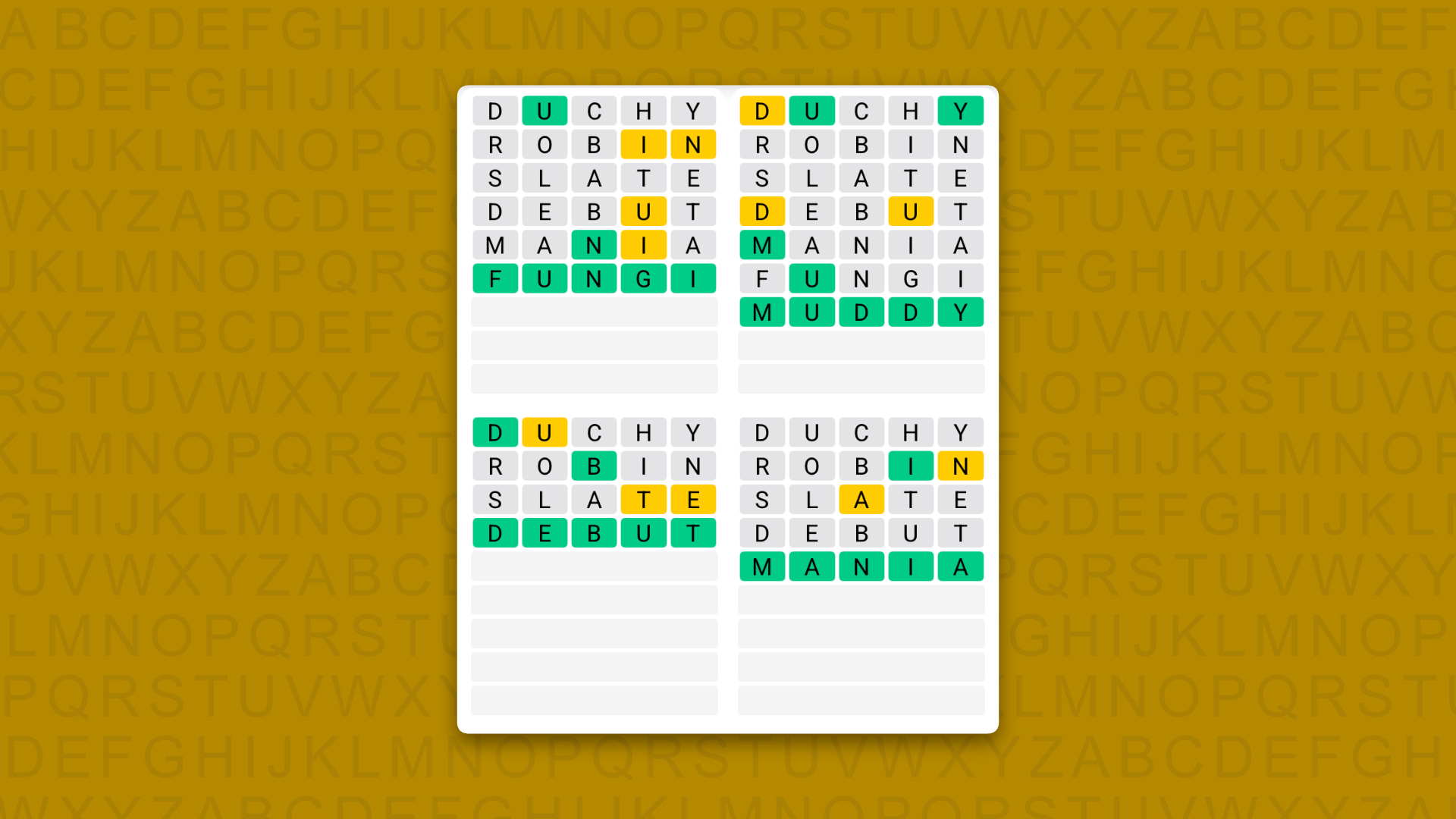 Quordle answers for game 1652 on a yellow background
