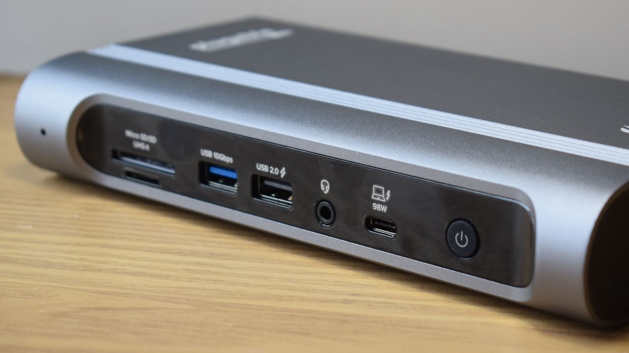 Photo of the Plugable Thunderbolt 4 &amp; USB4 Quad Display Docking Station (TBT4-UDZ) showing the front-facing ports of the dock.