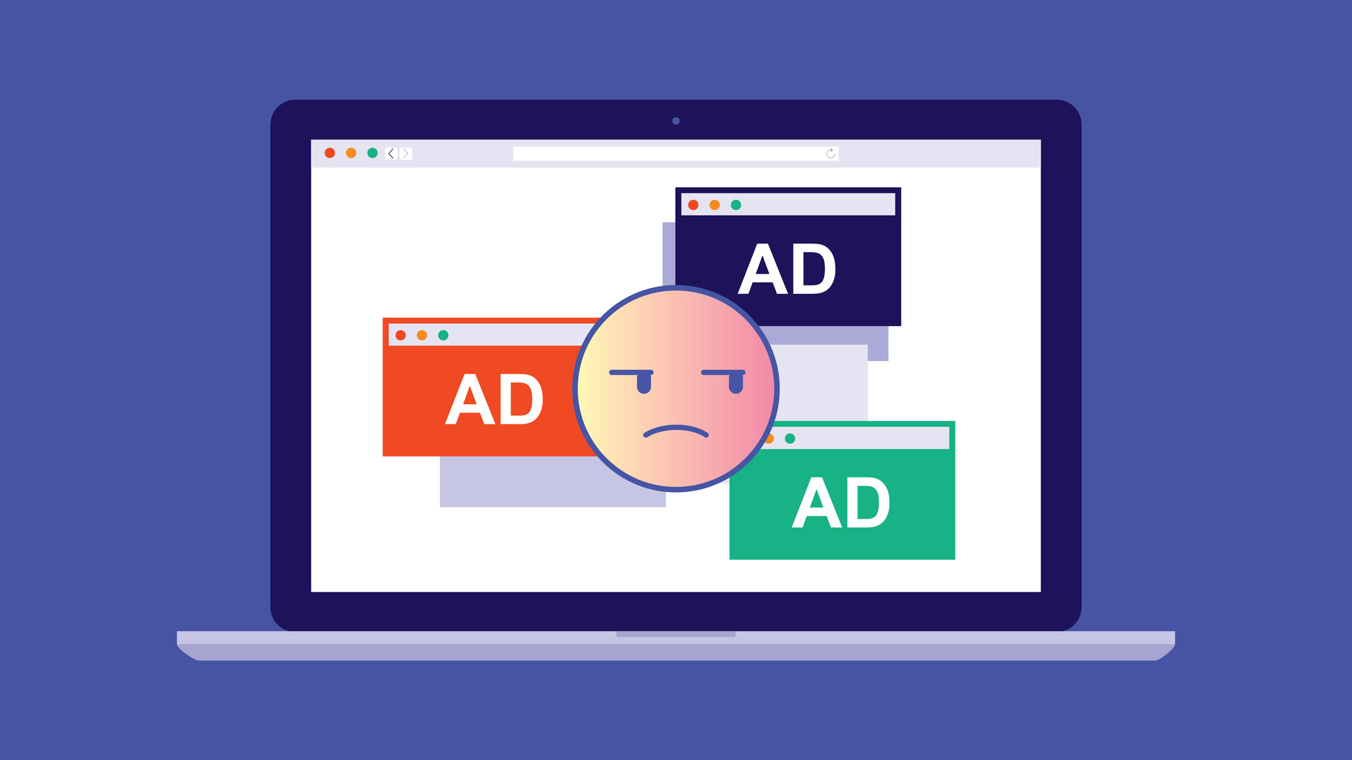 Several pop-up ads and an emoji face looking annoyed