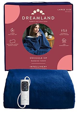 Dreamland Snuggle Up Electric Throw – Navy Blue, 5 Minute Fast Heat Up, Luxury Velvet Plush, 1 Control, 6 Temperature Settings With Timer, Machine Washable and Tumble Dry Safe, 160x120cm