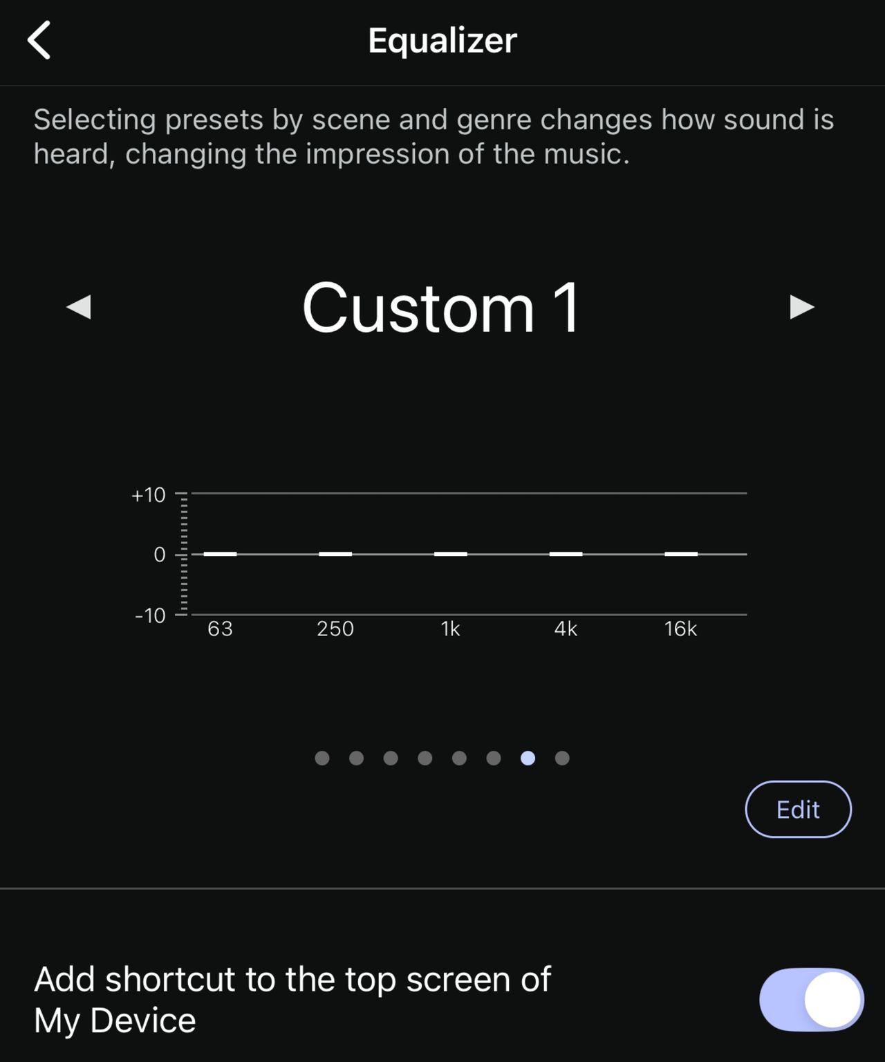 Screenshot of the Sony Sound Connect app showing Custom 1 equalizer setting for the Sony BRAVIA Theater U.