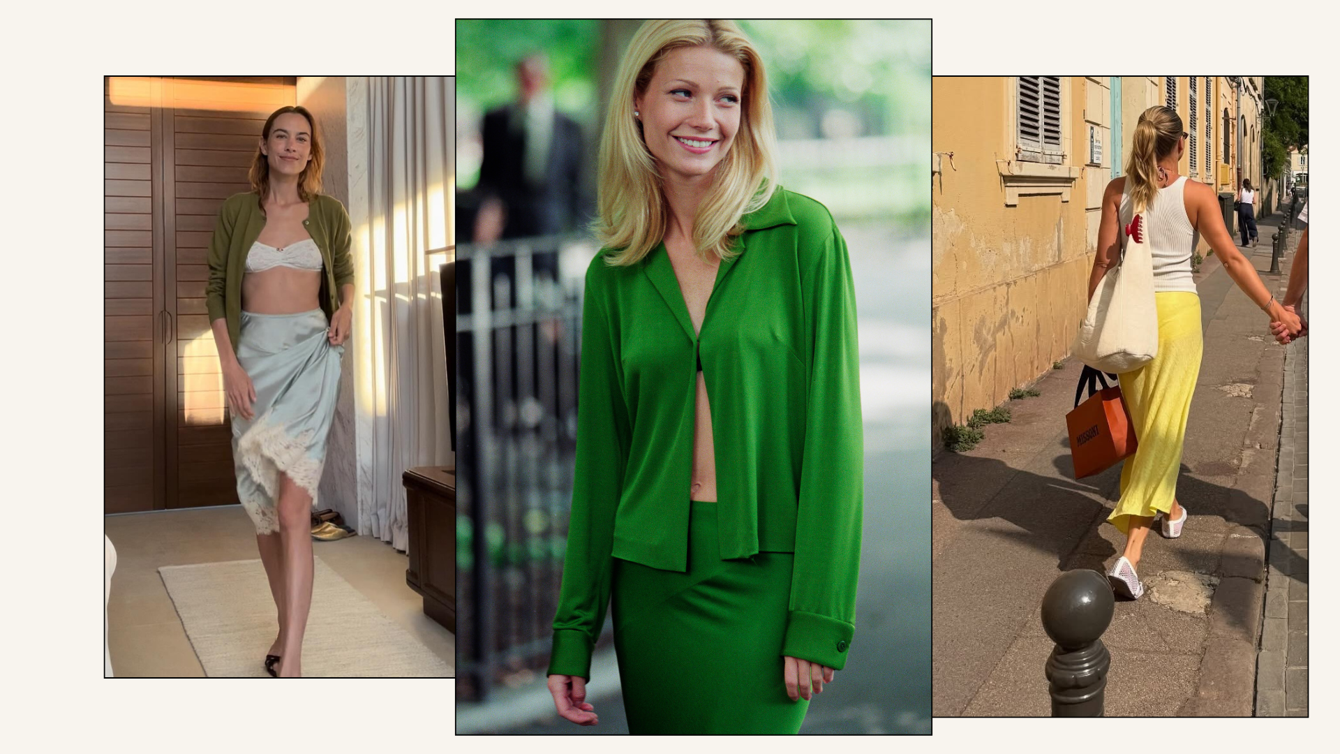 Three fashion people wearing the best slip skirt trend.