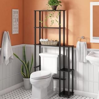 over the toilet shelf in a peach-colored bathroom