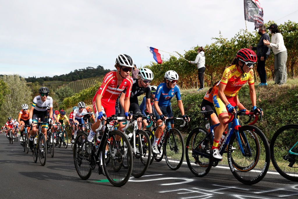 Denmark’s Cecilie Uttrup Ludwig climbs during the elite women’s road race at the 2020 UCI Road World Championships in Imola, Italy