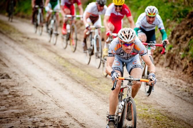 Riders powered on an off-road section during Tro Bro Leon