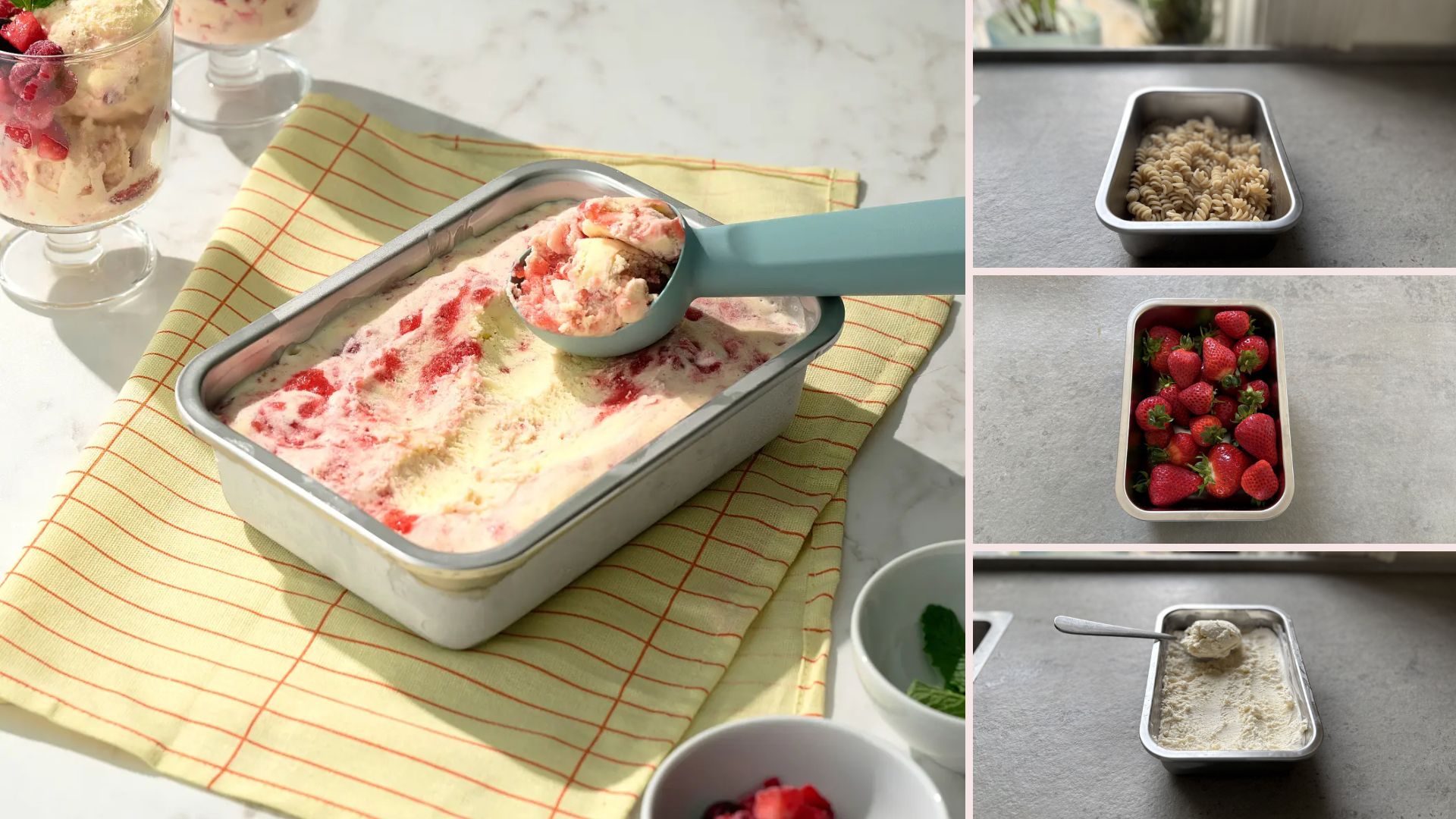 The IKEA Stainless Steel Food Containers with images of them being tested with strawberries, pasta and ice cream