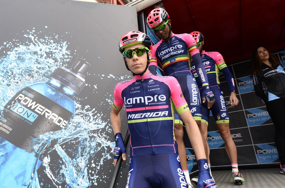 Lampre-Merida's Louis Meintjes leads the team off the stage