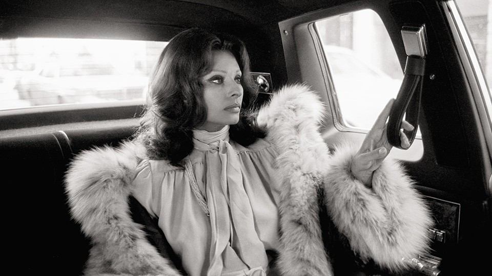Sophia Loren is seen in a profile view sitting in the back of a car, wearing a voluminous fur-trimmed coat and a pussy-bow blouse.