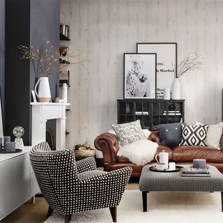 Modern grey living room ideas with leather sofa and black feature wall
