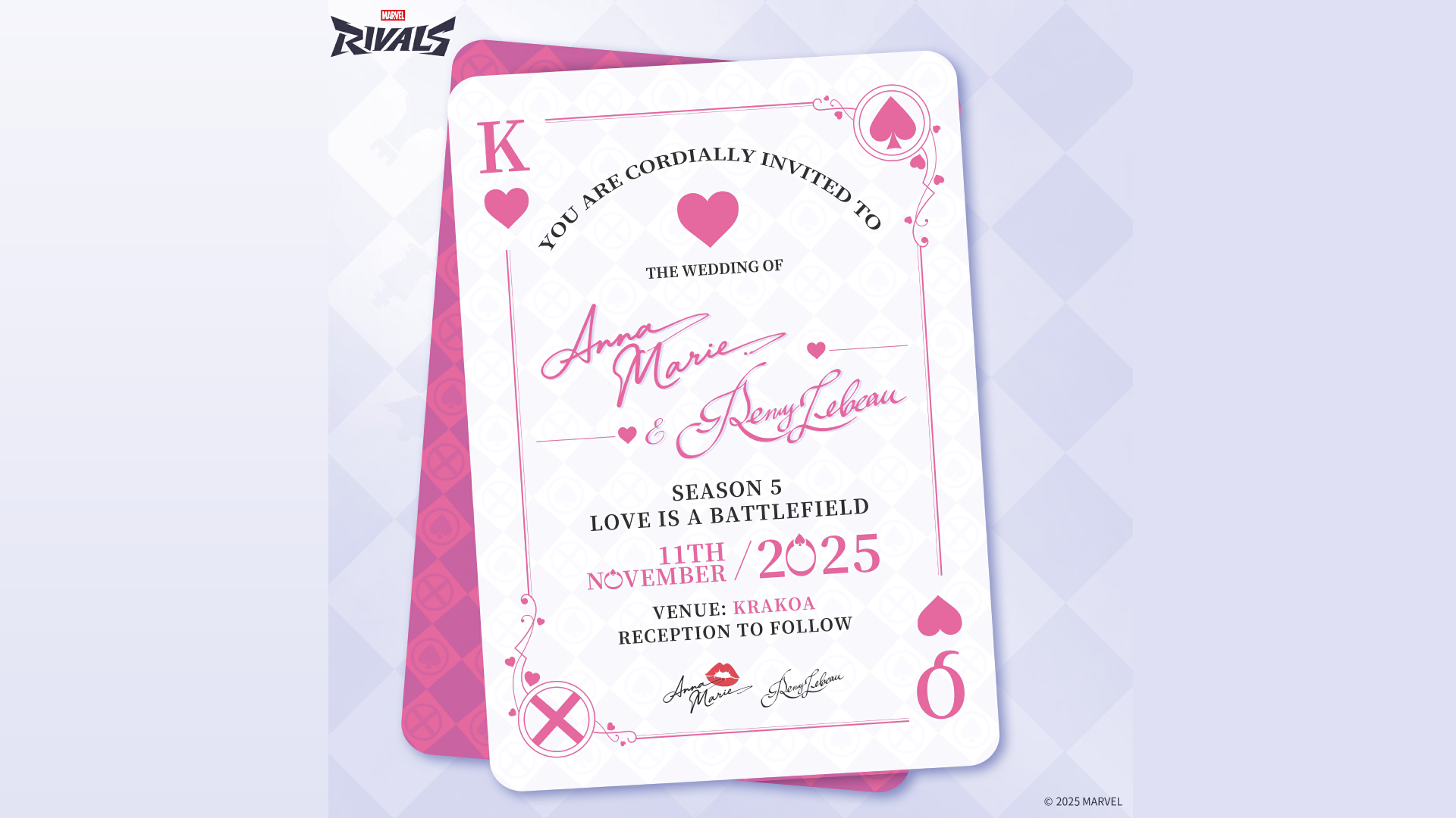 A wedding invitation to Rogue and Gambit&#039;s wedding, written on a playing card