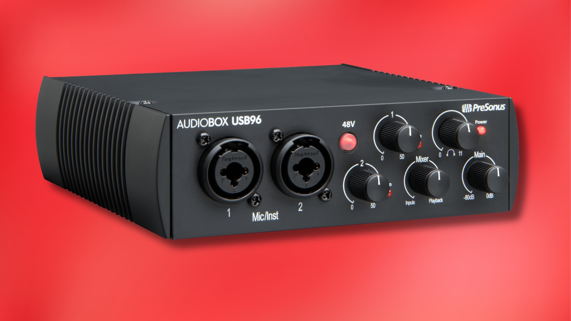 A PreSonus‍ AudioBox USB 96 audio interface on a red background