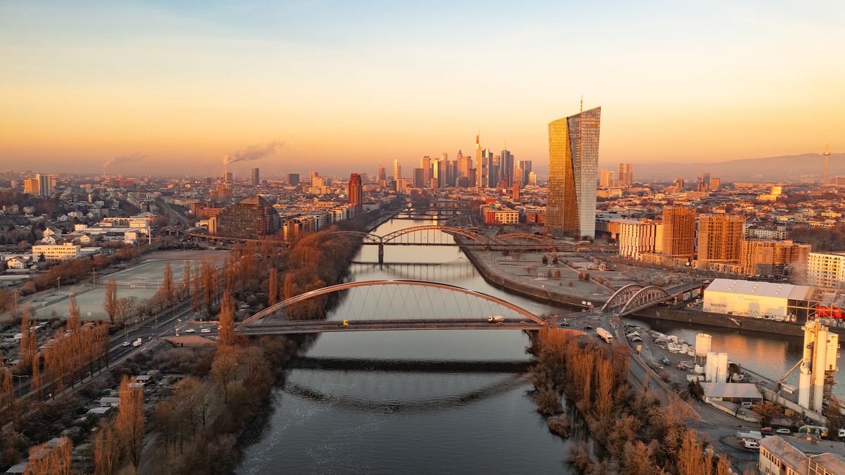 City skyline of Frankfurt, home of Colt DCS&#039; new data center site, pictured at dusk.