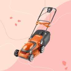Flymo lawn mower on Ideal Home background