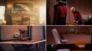 (Clockwise from top, left) Scenes from the new teaser for "Picard" Season 2, TNG episodes "Best of Both Worlds" Part 1 and Part 2 — with different nautilus shells — and "First Contact" (1996).