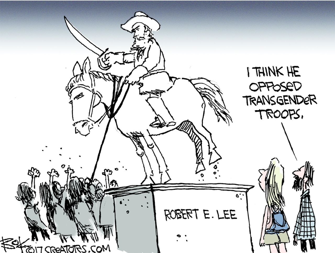 Political cartoon U.S. Robert E. Lee monument removal transgender troops