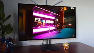 Dough Spectrum Black 32 monitor with Cyberpunk 2077 gameplay on screen and HDR on