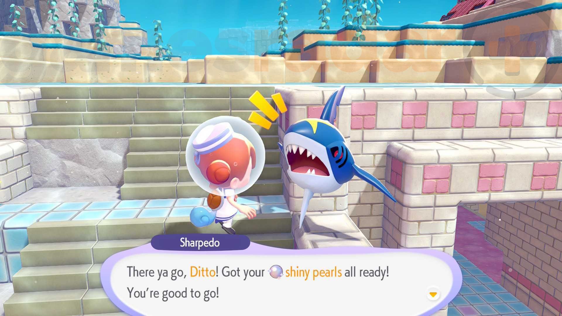 Sharpedo returns some Shiny Pearls to Ditto in Pokopia.