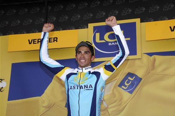 An exultant Alberto Contador (Astana) on the Tour de France podium