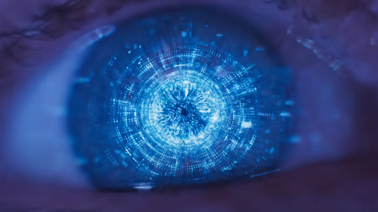 A close up of an eye with The Entity reflected in Mission: Impossible - The Final Reckoning.