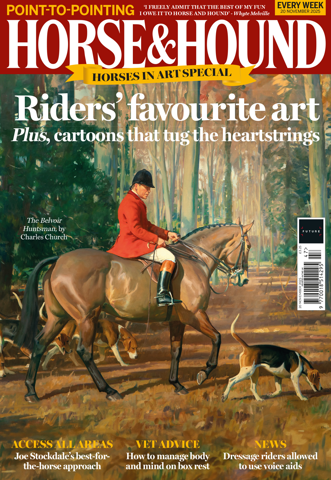 Painting of a red-coated huntsman mounted and a hound on the cover of Horse &amp; Hound, in shops 20 Novmeber