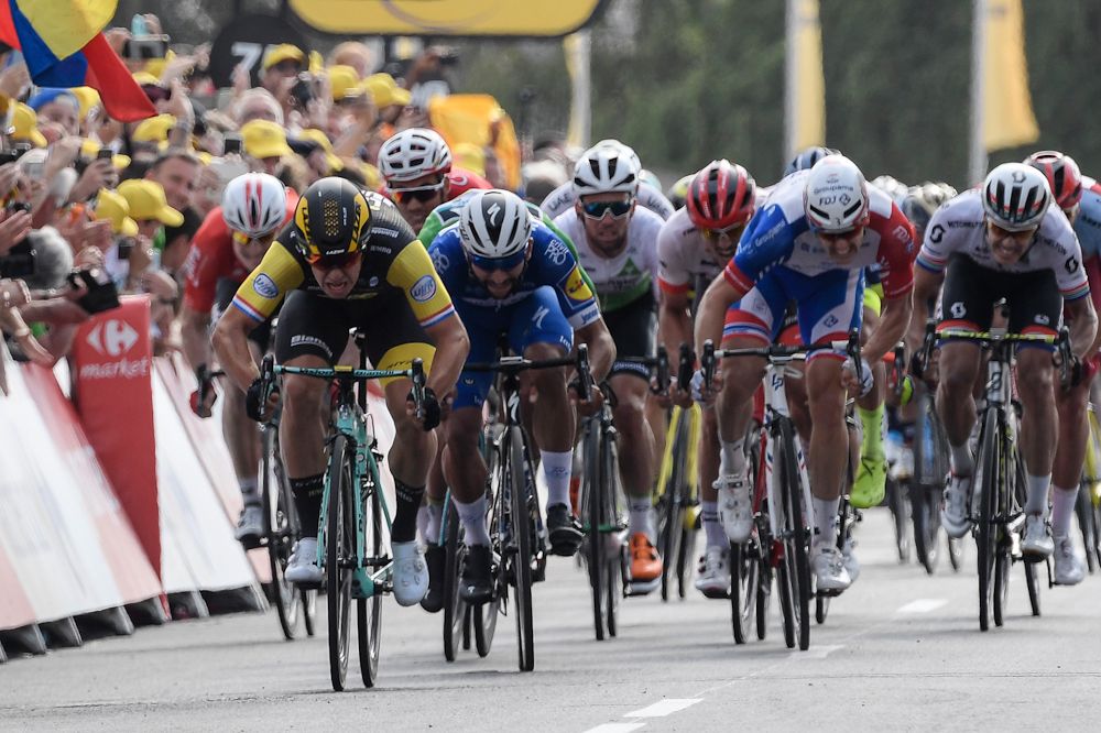 Dylan Groenewegen sprints to the win during stage 7 at the Tour de France