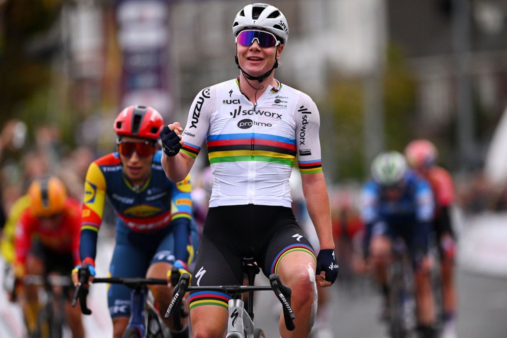 ARNHEM NETHERLANDS OCTOBER 13 Lotte Kopecky of Belgium and Team SD Worx Protime celebrates at finish line as stage winner during the 26th Simac Ladies Tour 2024 Stage 6 a 1458km stage from Arnhem to Arnhem UCIWWT on October 13 2024 in Arnhem Netherlands Photo by Luc ClaessenGetty Images