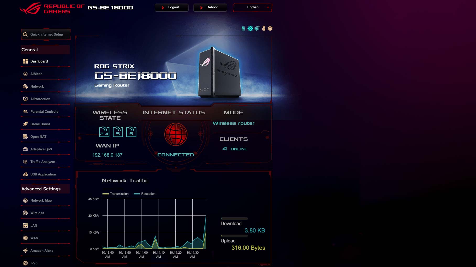 Asus ROG Strix GS-BE18000 gaming router browser home page