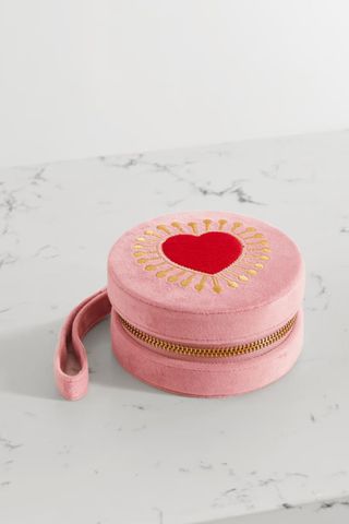 pink velvet jewellery box with heart design