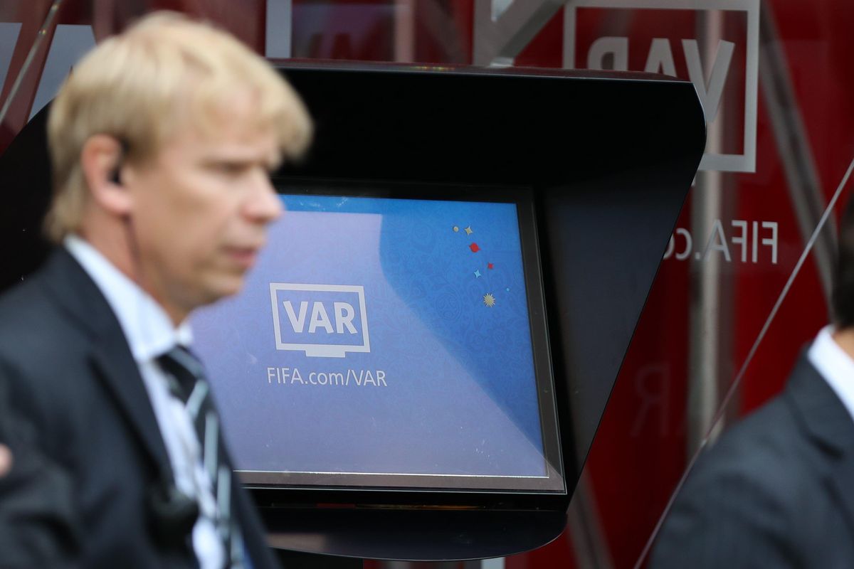 A pitchside VAR monitor at the 2018 World Cup in Russia