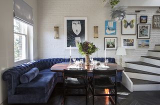 blue banquette sectional seating in dining area