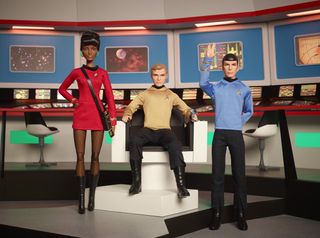 The new "Star Trek" 50th Annviersary Barbie Collection from Mattel and CBS Consumer Products features the likenesses of Nichelle Nichols as Uhura (with tricorder and communicator), William Shatner as Kirk (with phaser) and Leonard Nimoy as Spock.