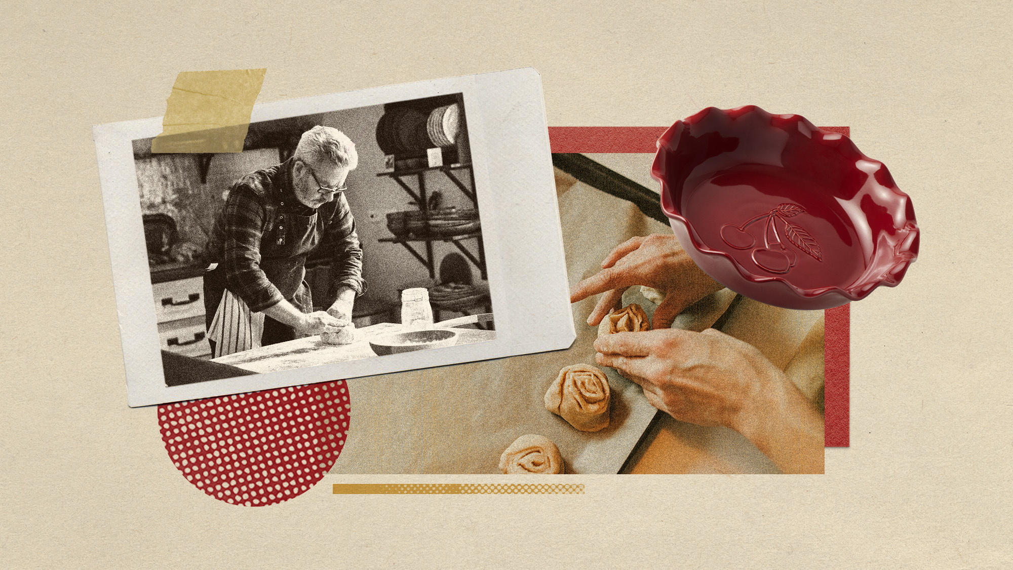 Photo collage of a pie dish, a man kneading dough, and a woman's hands forming cinnamon rolls on a baking tray
