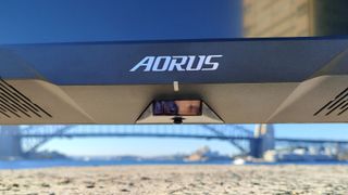 Aorus FV43U branding on monitor