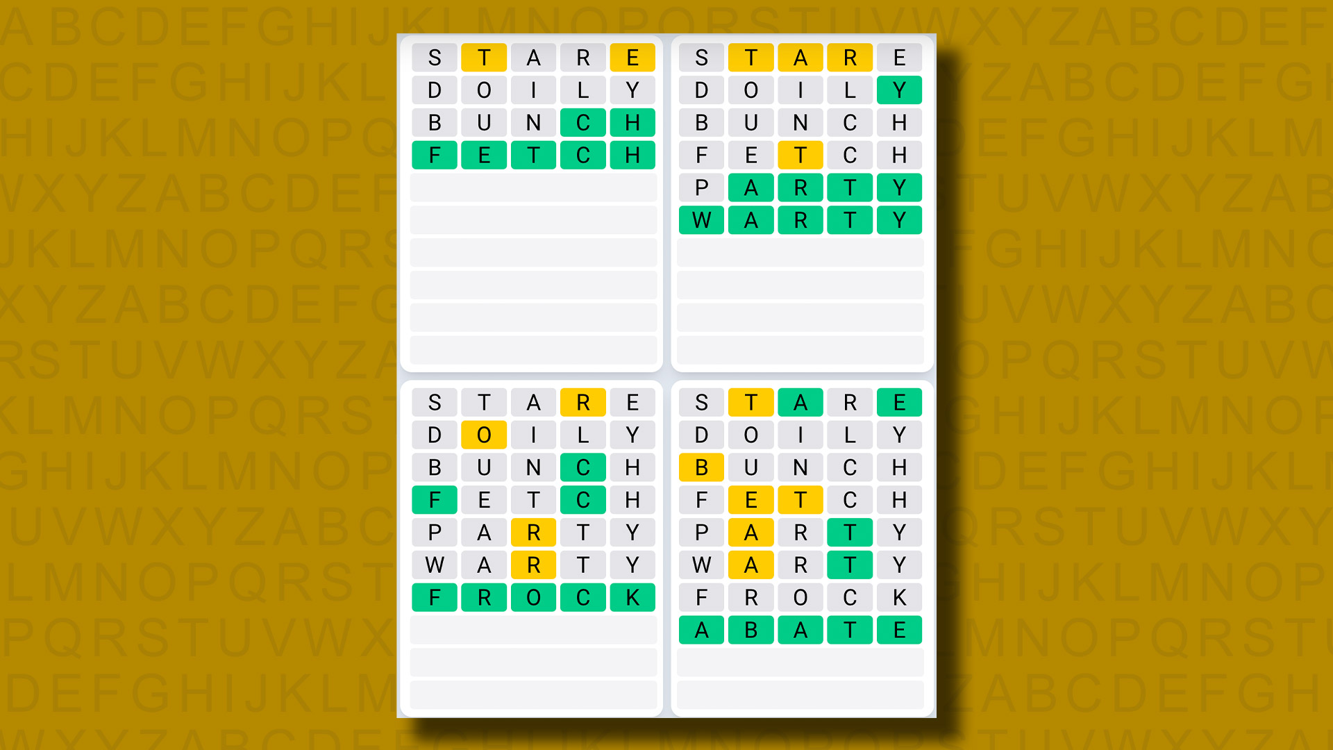 Quordle Day-to-day Sequence solutions for recreation 991 on a yellow background