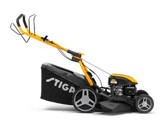 product shot of a black and yellow petrol mower