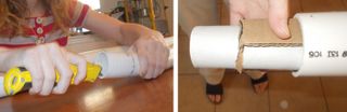 Left: Use a boxcutter to scrape the inside of the pipe and enlarge its inner diameter. Right: Insert the cardboard eyepiece into the pipe.