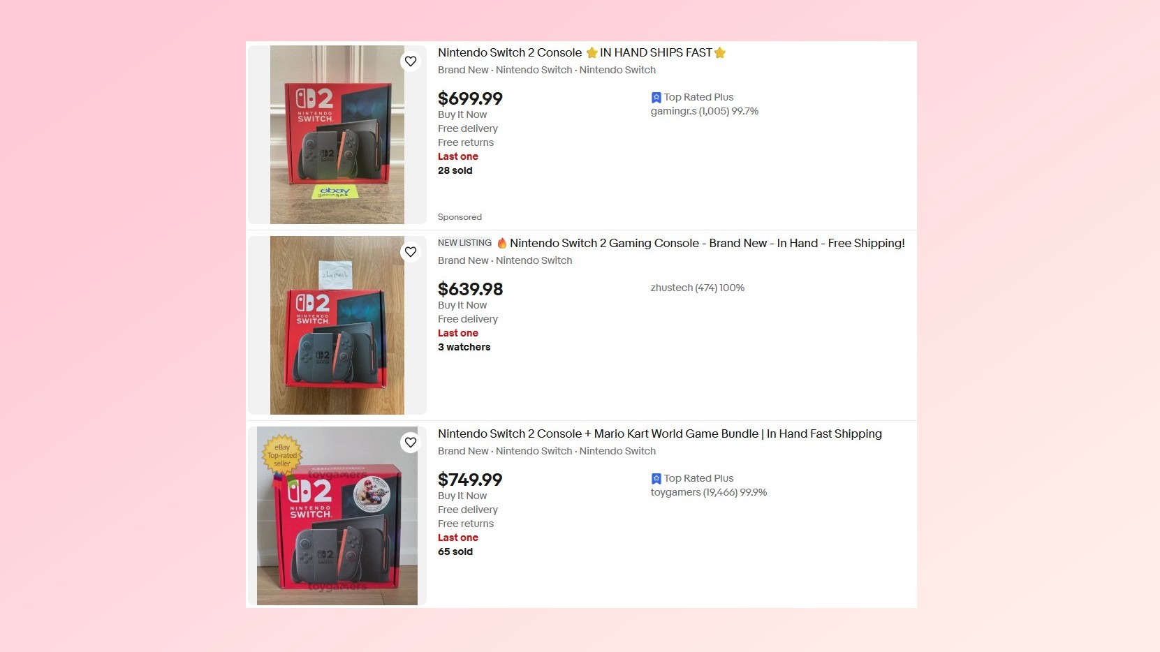 Scalper listings for the Switch 2 on eBay