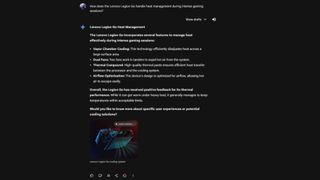 Google Gemini screenshot of answer to question "How does the Lenovo Legion Go handle heat management during intense gaming sessions?" in view