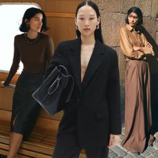 Woman in knit top and leather skirt, woman in black blazer, woman in satin shirt and tailored trousers