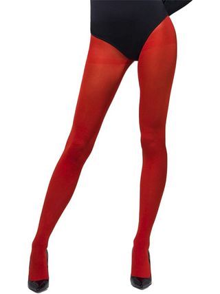 model wearing black bodysuit and red tights