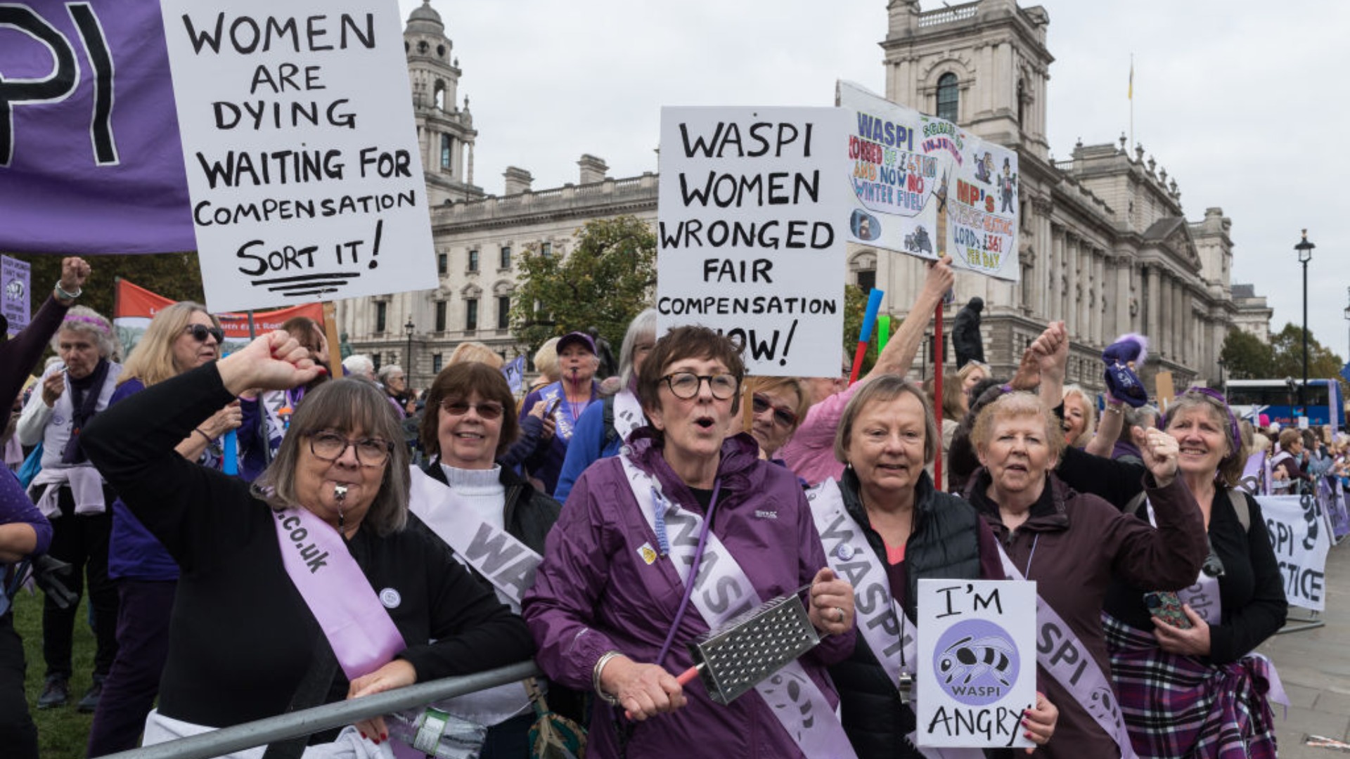 Women Against State Pension Inequality (WASPI) campaigners and their supporters demonstrate in Parliament Square on Budget Day