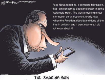 Political cartoon U.S. Watergate Nixon twitter Trump Russia investigation smoking gun