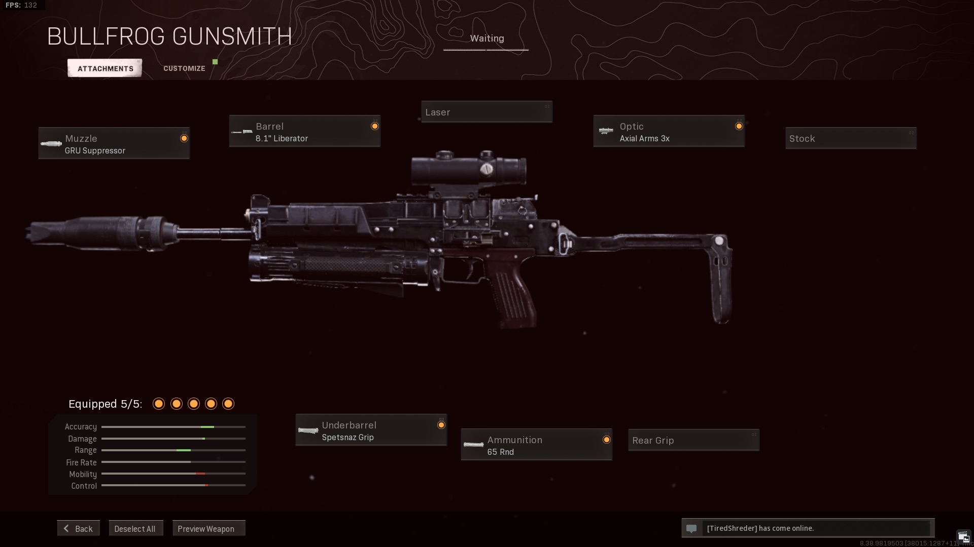 This Warzone Bullfrog loadout has these attachments: GRU suppressor, 8.1 inch liberator barrel, axial arms 3x, spetsnaz grip, 65 round mag.